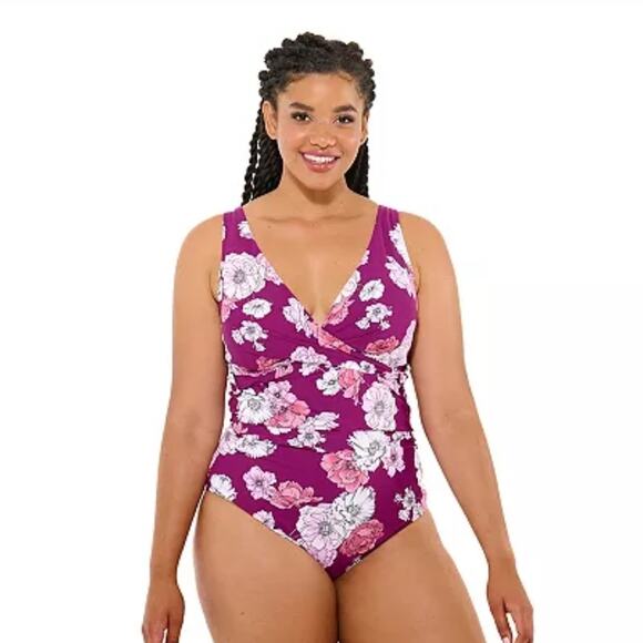 Freshwater Floral Print Surplice Lace-Up Back One Piece Swimsuit, Size 3X, NWT - Picture 11 of 11